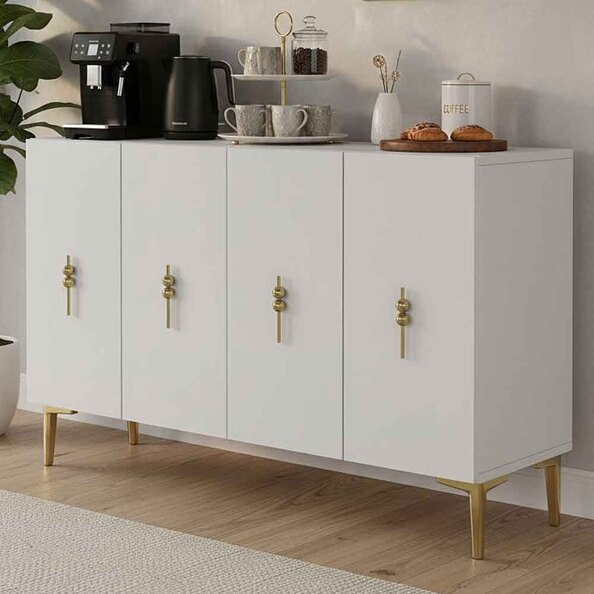 Salkim Wooden Sideboard with 4 Doors in White and Gold