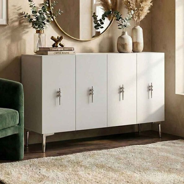 Salkim Wooden Sideboard with 4 Doors in White and Silver