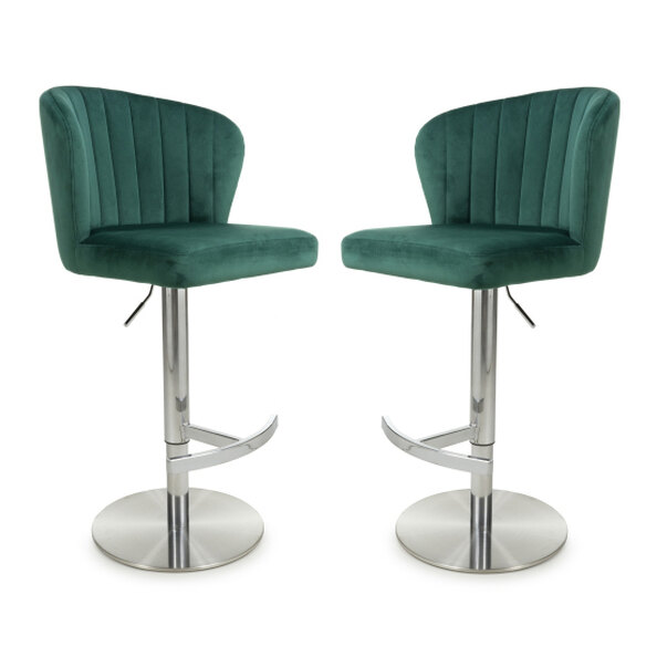 Solvo Green Velvet Bar Stools With Chrome Base In Pair