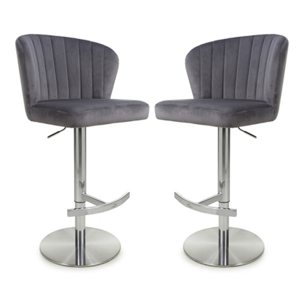 Solvo Grey Velvet Bar Stools With Chrome Base In Pair