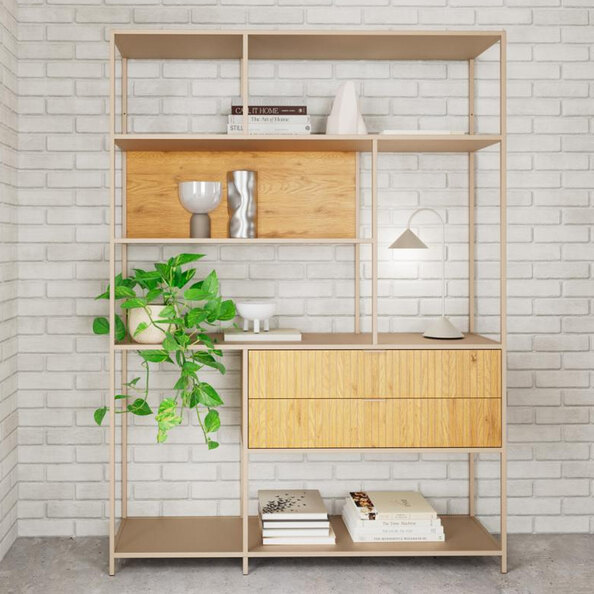 Salvo Steel Bookcase With 2 Drawers And 4 Shelves - Oak And Grey