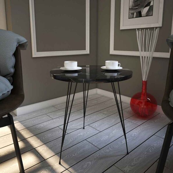 Sandalf Wooden Side Table with Metal Legs in Black Marble Effect