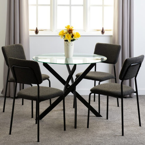 Sanur Clear Glass Dining Table Round With 4 Grey Fabric Chairs