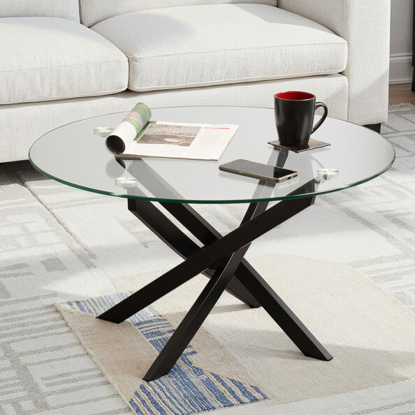 Sanur Clear Glass Top Coffee Table with Black Metal Base