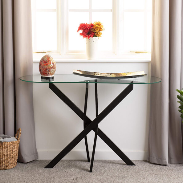 Sanur Clear Glass Top Console Table with Black Metal Base