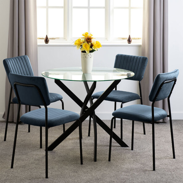 Sanur Clear Glass Top Dining Table with 4 Navy Blue Chairs