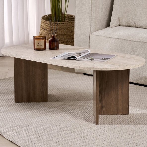 Savelio Oval Wooden Coffee Table in Travertine Marble Effect and Walnut