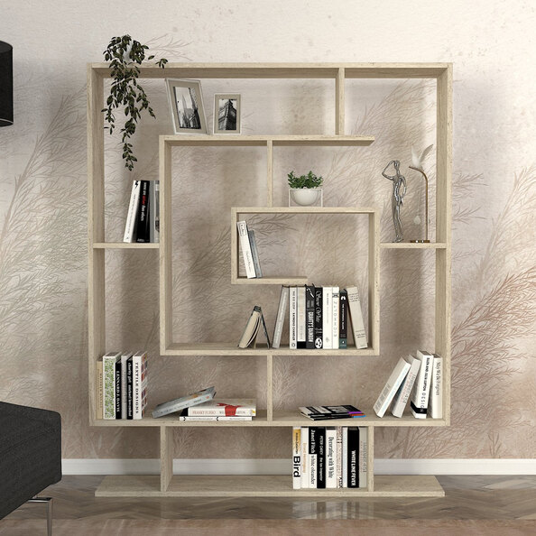 Savero Wooden Bookcase with 9 Shelves in Travertine Marble Effect