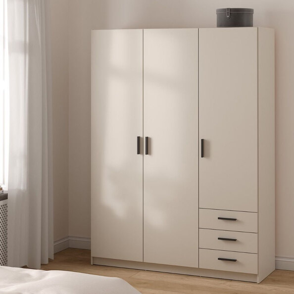 Savoy Wooden Wardrobe with 3 Doors 3 Drawers in Cashmere