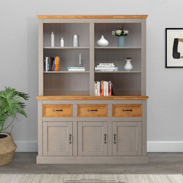 Sazelo Wooden Display Unit with 3 Doors in Grey and Stained Wax