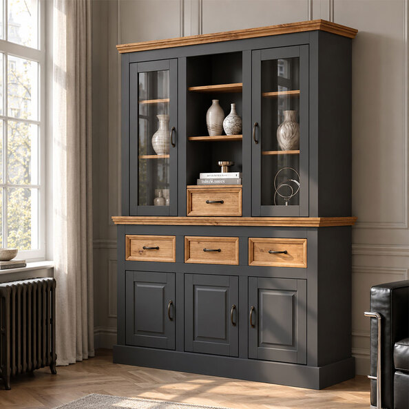 Sazelo Wooden Display Unit with 5 Doors in Anthracite and Stained Wax