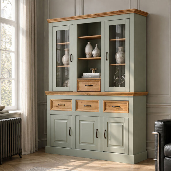 Sazelo Wooden Display Unit with 5 Doors in Sage Green and Stained Wax