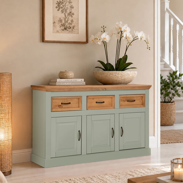 Sazelo Wooden Sideboard with 3 Doors in Sage Green and Stained Wax