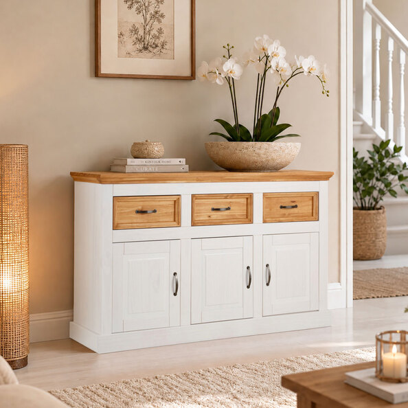 Sazelo Wooden Sideboard with 3 Doors in White and Stained Wax