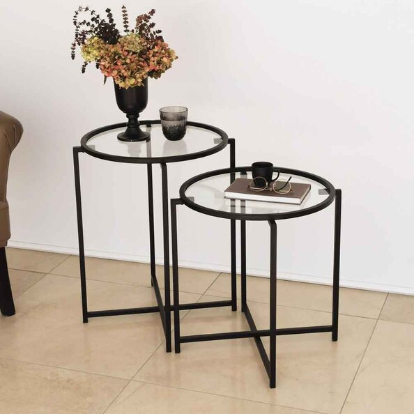 Saziro Metal Nesting Side Table with Clear Glass Top in Black