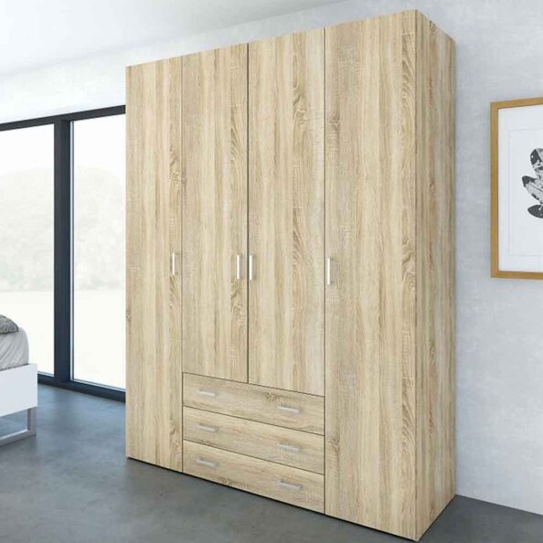 Scalia Wooden Wardrobe With 4 Doors 3 Drawers In Oak