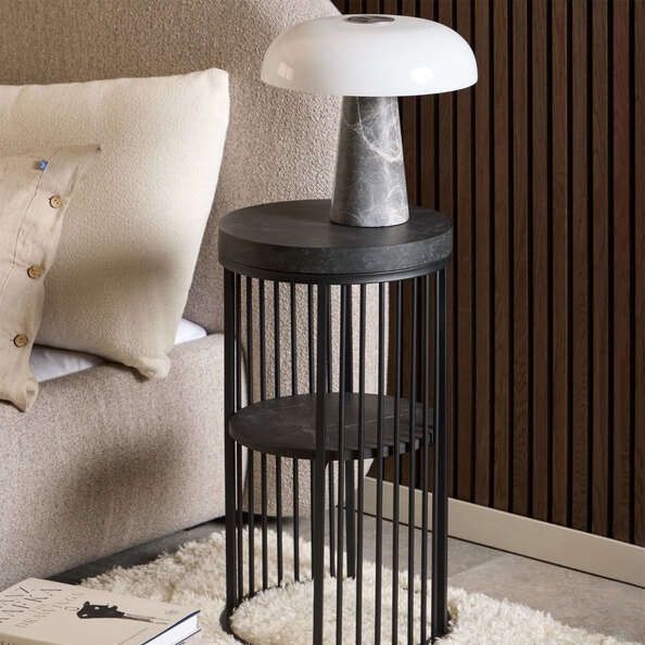 Seattle Wooden Round Bedside Cabinet In Black Marble Effect