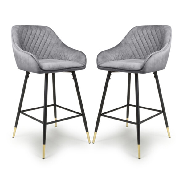 Sedona Grey Velvet Bar Stools With Metal Legs In Pair