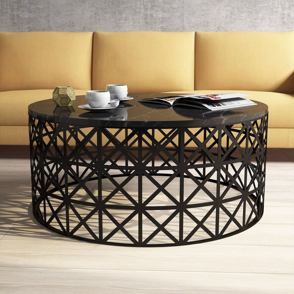 Selin Round Black Marble Effect Coffee Table with Metal Base