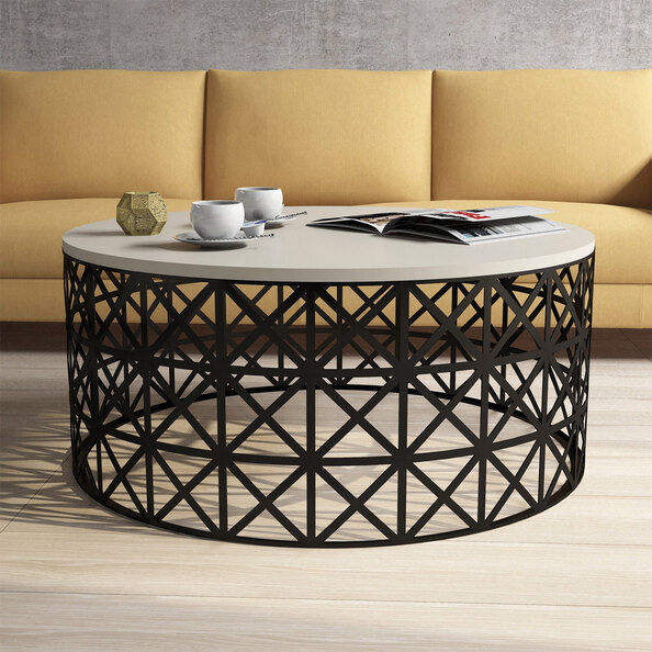 Selin Round Cream Wooden Coffee Table with Black Metal Base