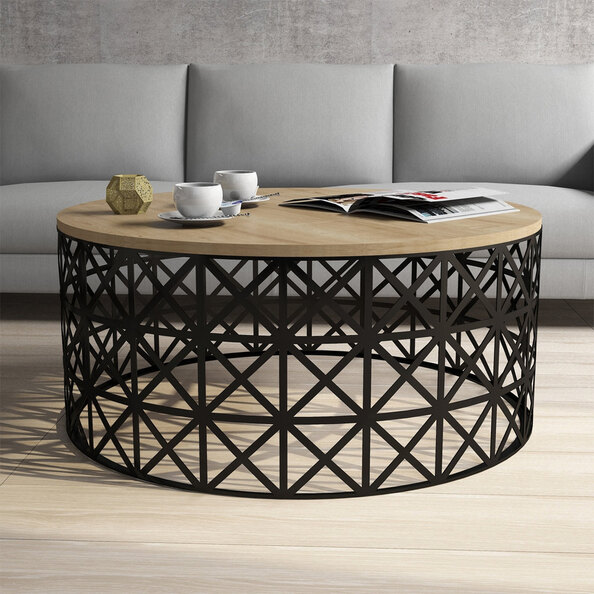 Selin Round Oak Wooden Coffee Table with Black Metal Base