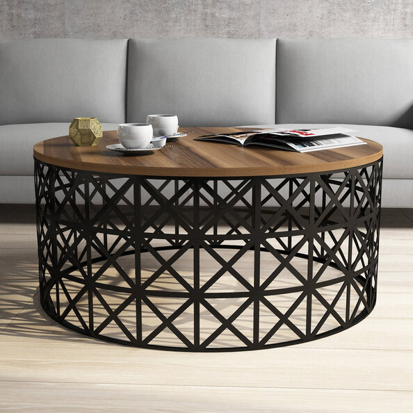 Selin Round Walnut Wooden Coffee Table with Black Metal Base