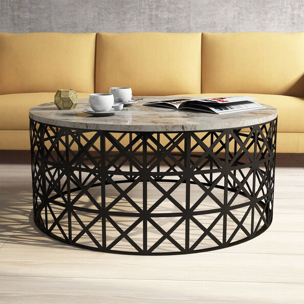 Selin Round White Marble Effect Coffee Table with Metal Base