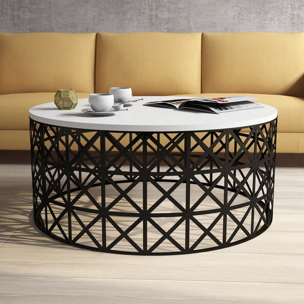 Selin Round White Wooden Coffee Table with Black Metal Base