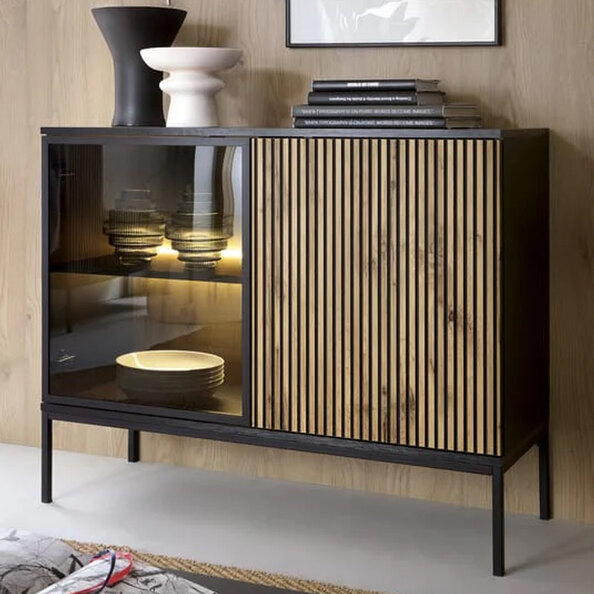 Selma Wooden Display Cabinet With 2 Doors In Black And Wotan Oak