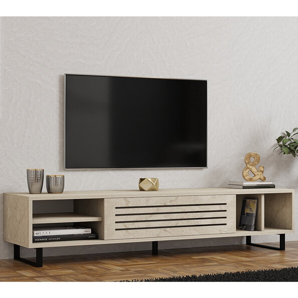 Selora Wooden TV Stand with Metal Legs in Travertine Marble Effect