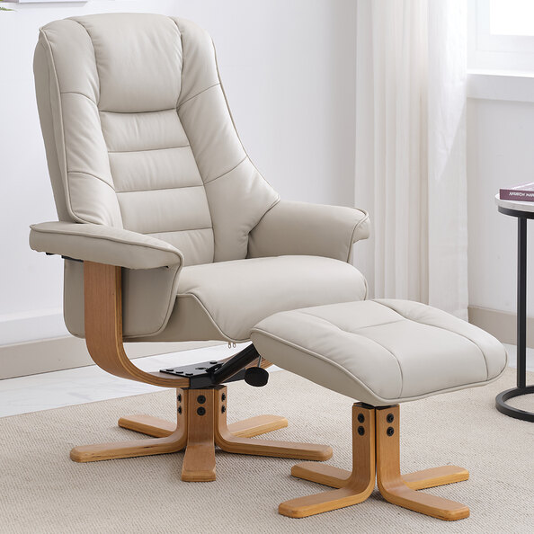 Seneca Leather Recliner Chair With Stool In Mushroom And Oak