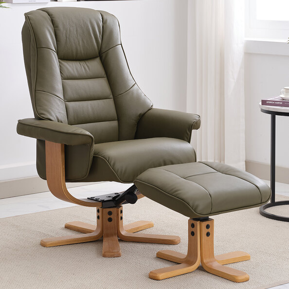 Seneca Leather Recliner Chair With Stool In Olive Green And Oak