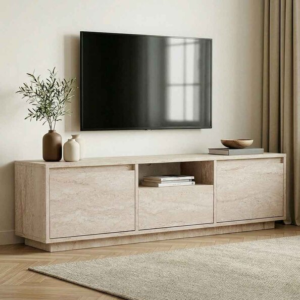Sentinel Wooden TV Stand with 3 Doors in Travertine Marble Effect