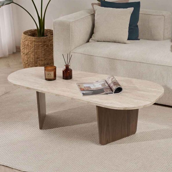 Sento Oval Wooden Coffee Table in Travertine Marble Effect and Walnut