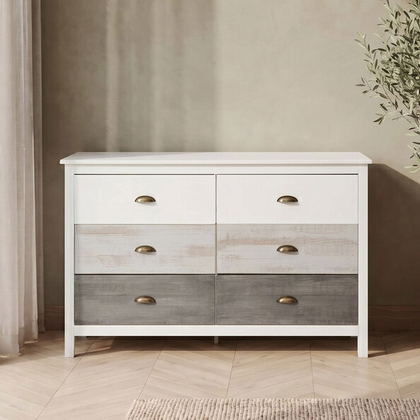 Senvora Wooden Chest Of 6 Drawers in White and Multicolour