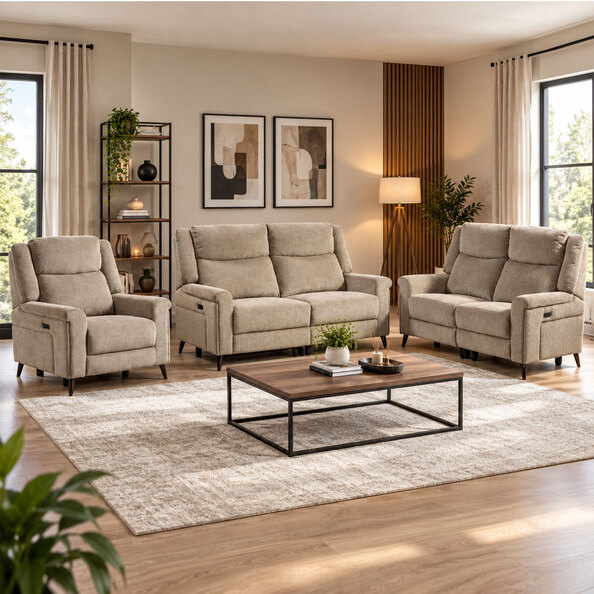 Serina Fabric Electric Recliner Sofa Suite in Driftwood