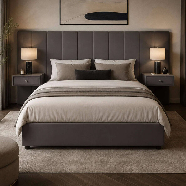 Sevalon Velvet Super King Size Bed with Built-In Side Tables in Grey