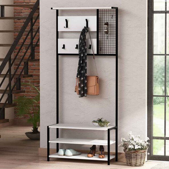 Shifley Wooden Coat Stand with 3 Shelves in White