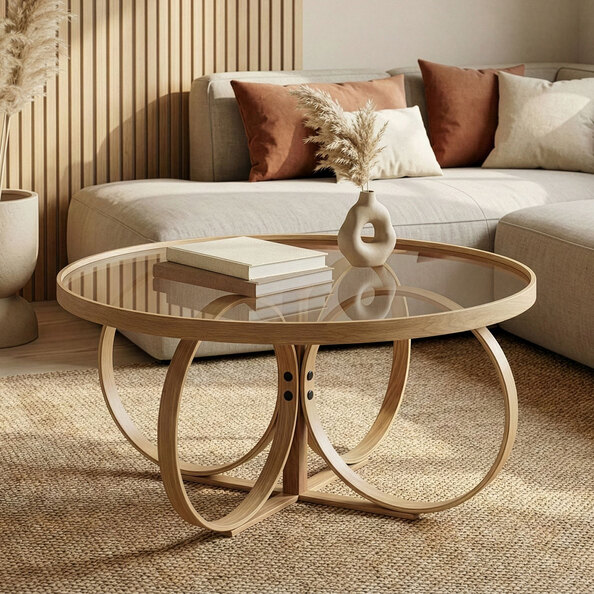 Shimane Round Tempered Glass Top Coffee Table in Oak