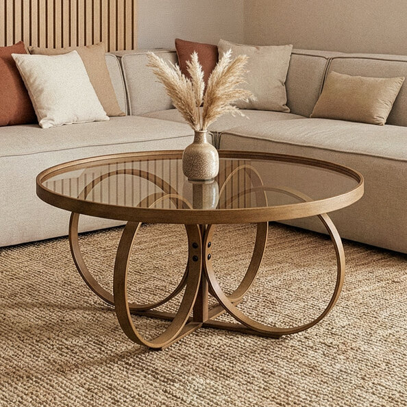 Shimane Round Tempered Glass Top Coffee Table in Walnut