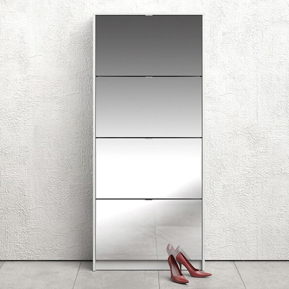 Shovy Mirrored Shoe Cabinet With 4 Doors And 2 Layers In White