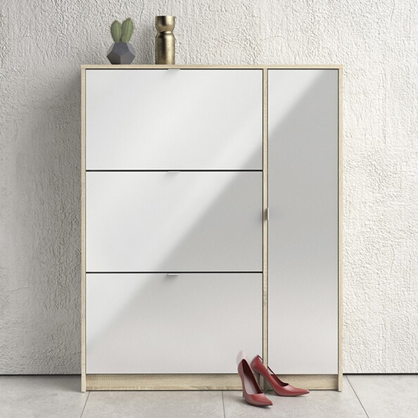 Shovy White High Gloss Shoe Cabinet With 4 Doors 2 Layers In Oak