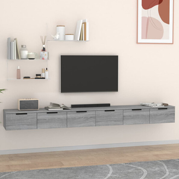 Sierra Wall Mounted Wooden TV Stand With 6 Drawers in Grey Oak