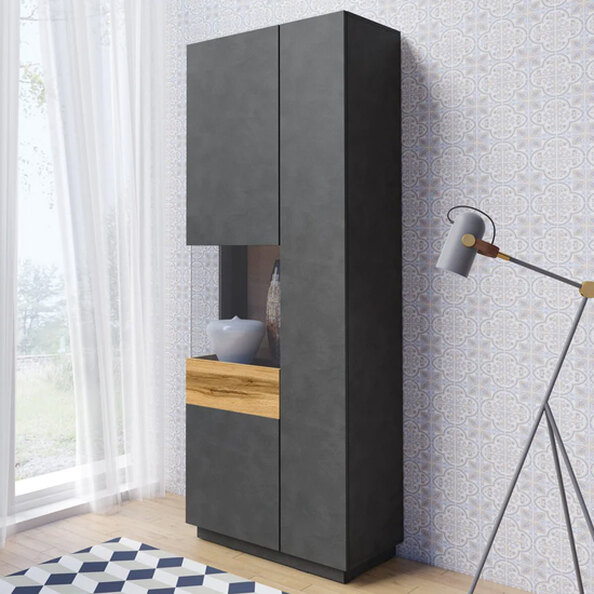 Silvis Wooden Display Cabinet Tall Left In Matera Oak And LED