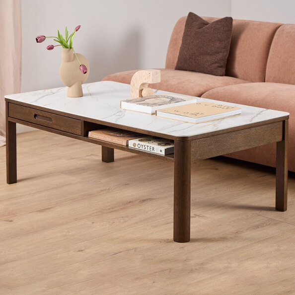 Simcoe Cream Ceramic Top Coffee Table With Smoked Oak Base