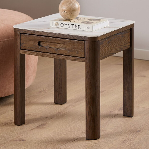 Simcoe Cream Ceramic Top Side Table With Smoked Oak Base