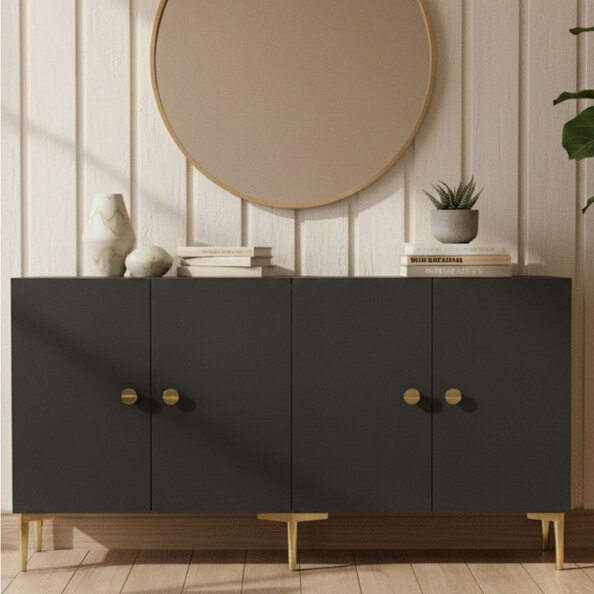 Simple Wooden Sideboard with 4 Doors in Anthracite and Gold