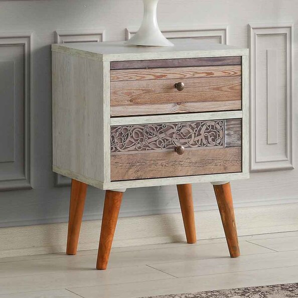 Solara Wooden Bedside Cabinet with 2 Drawers in White and Walnut