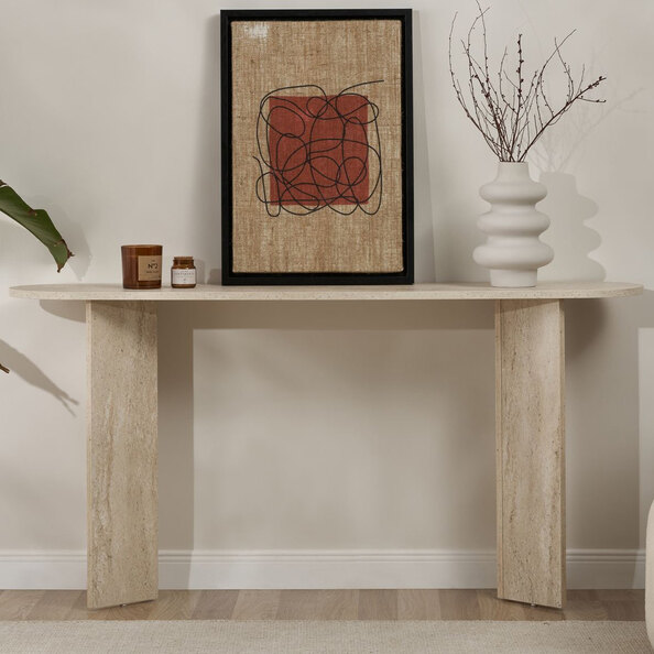 Solea Oval Wooden Console Table In Travertine Marble Effect