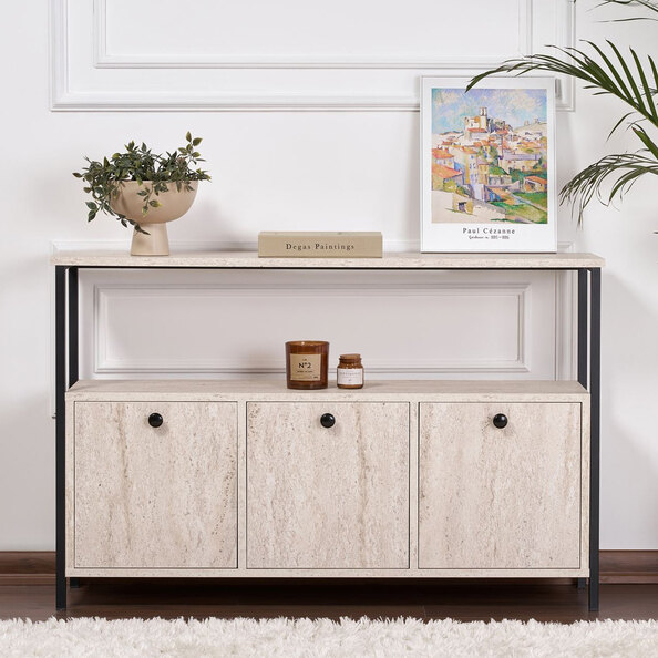 Solero Wooden Console Table with Metal Frame in Travertine Marble Effect and Black